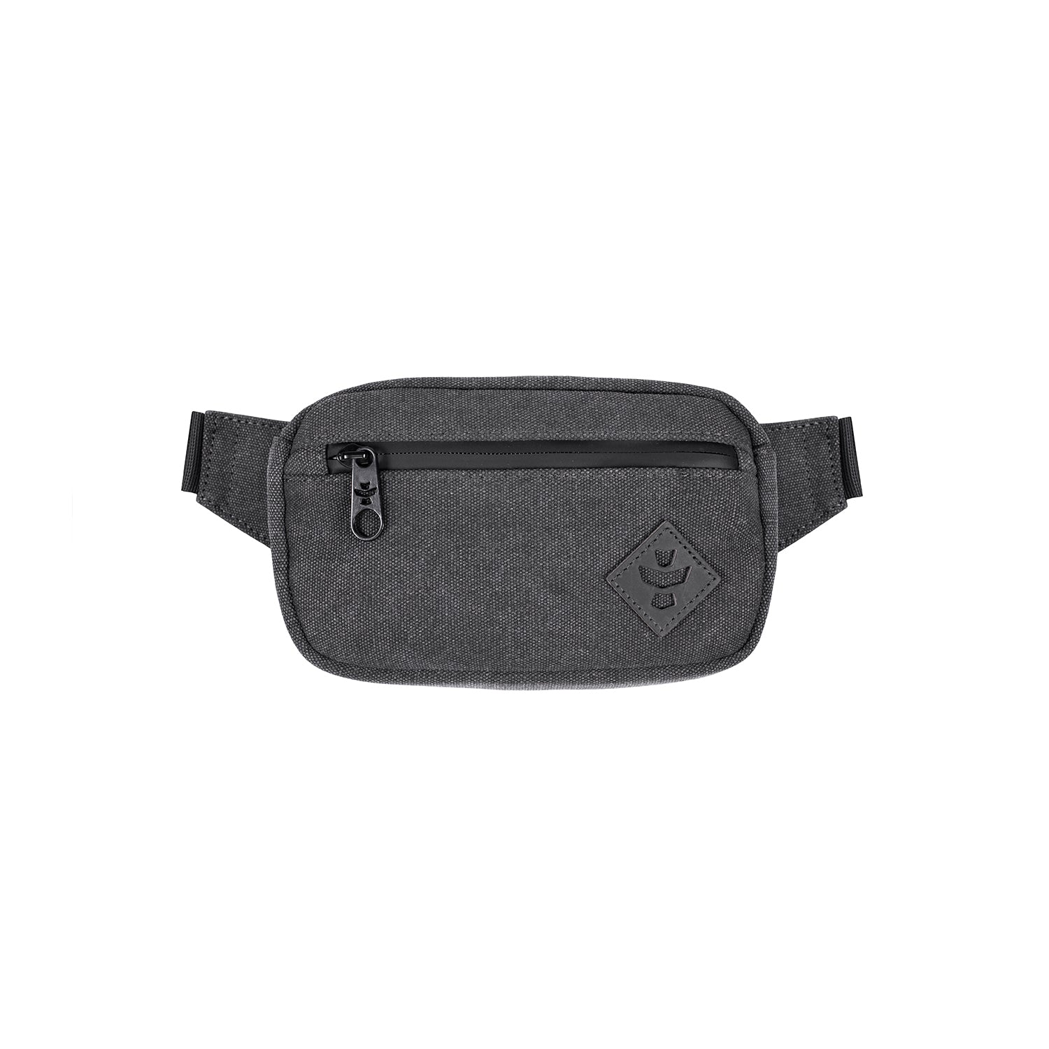 Gray waist bag with a logo on a white background