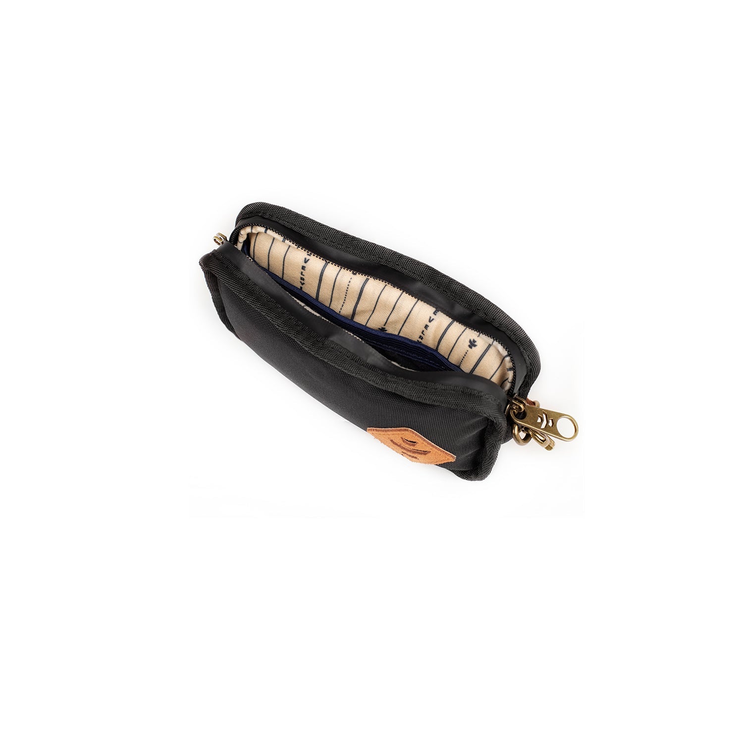 Black leather pouch with zipper on a white background