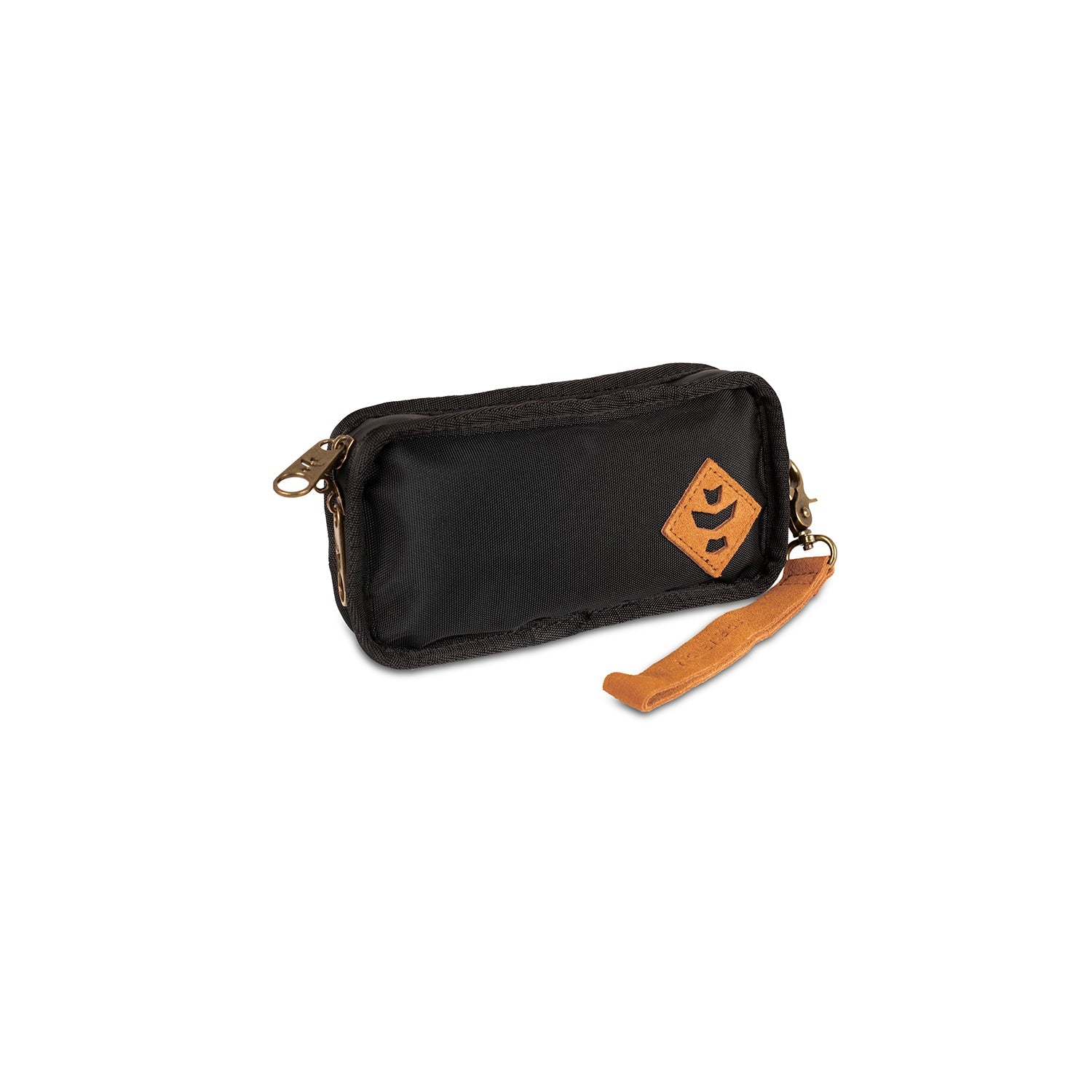 Black pouch with orange strap and logo on a white background