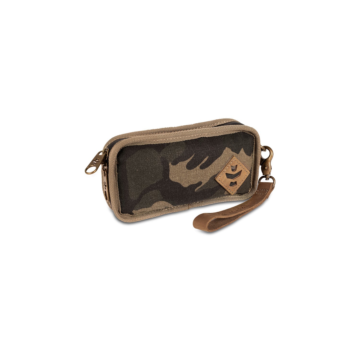 Camouflage pouch with a brand logo on a white background