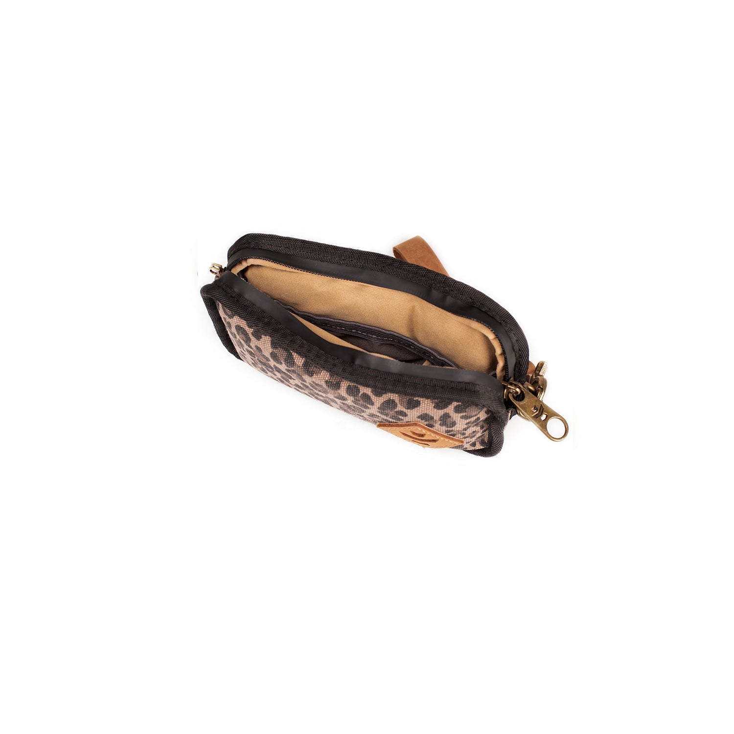 Small handbag with leopard print interior on a white background