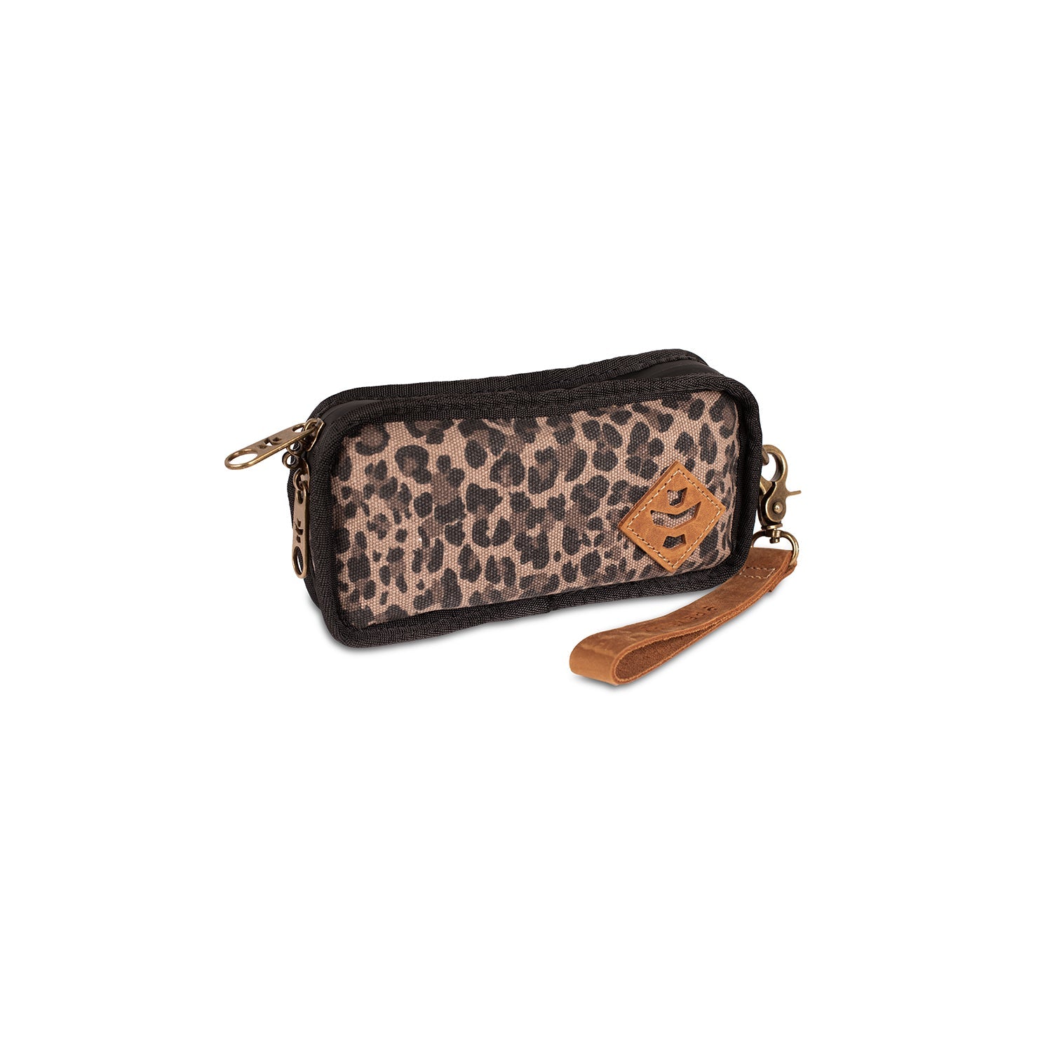 Leopard print wallet with brown strap on a white background