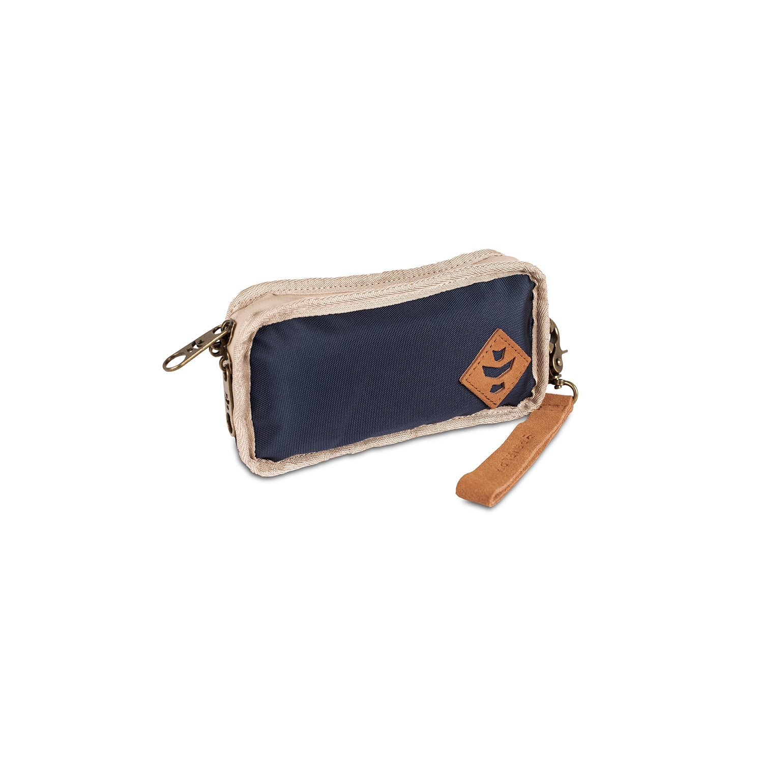 Navy blue pouch with beige border and brown strap on a white background