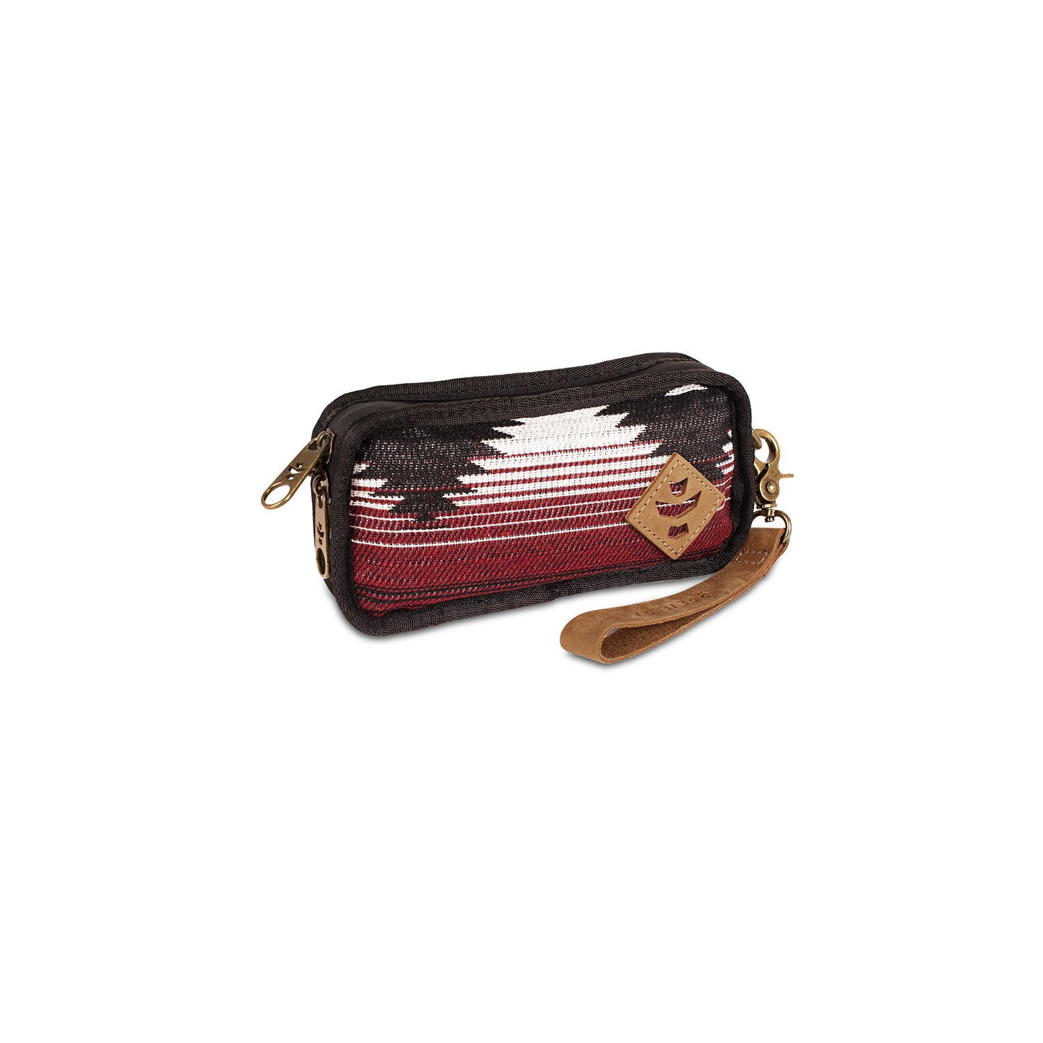 Small pouch with geometric pattern and leather strap on a white background