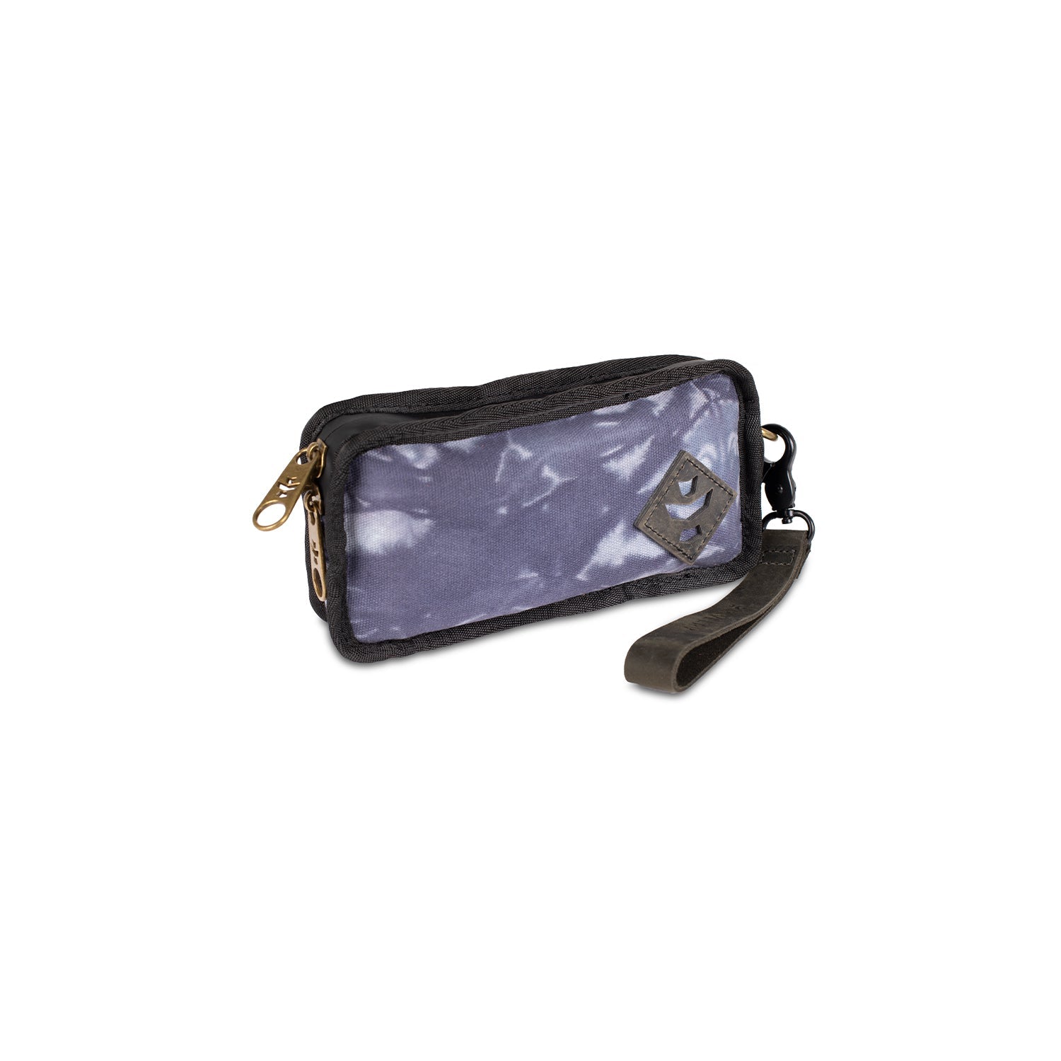 Small pouch with a purple tie-dye pattern on a white background