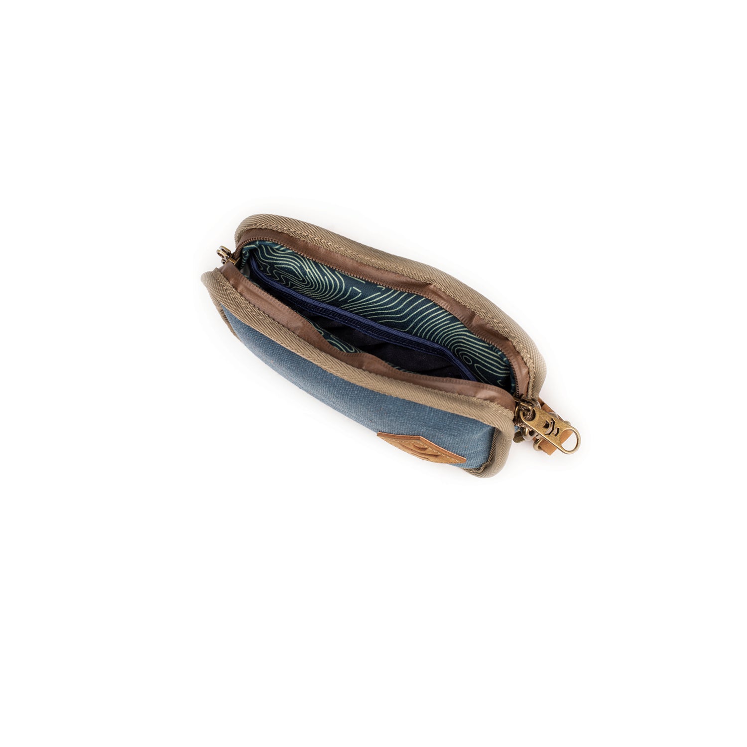 Small pouch with a zipper, containing feathers, on a white background