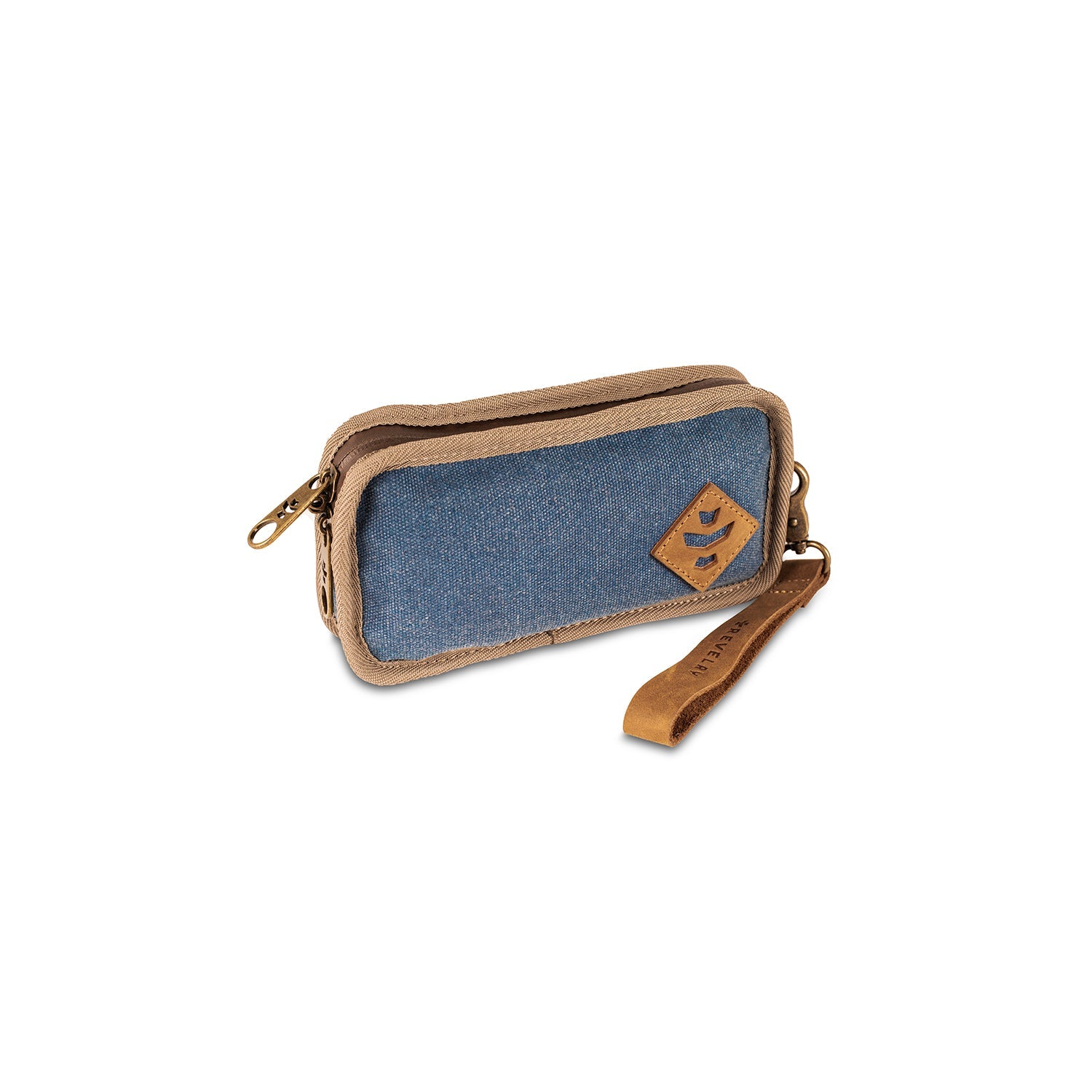 Small blue pouch with brown leather accents on a white background