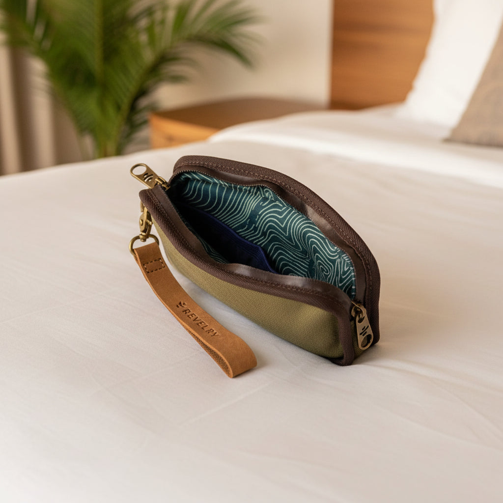 Small pouch with a brown strap on a white background