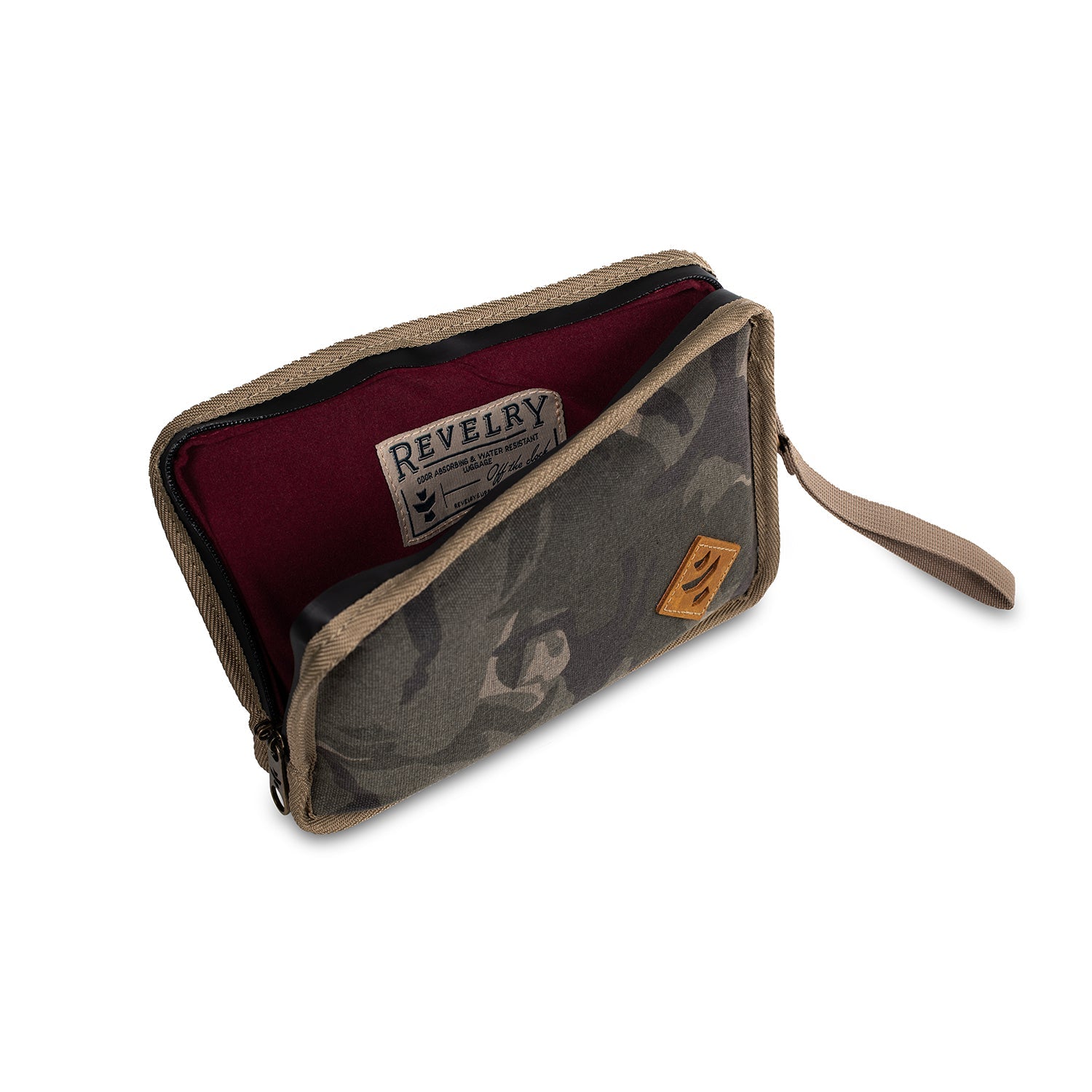 Camouflage-patterned pouch with a visible brand label on a white background