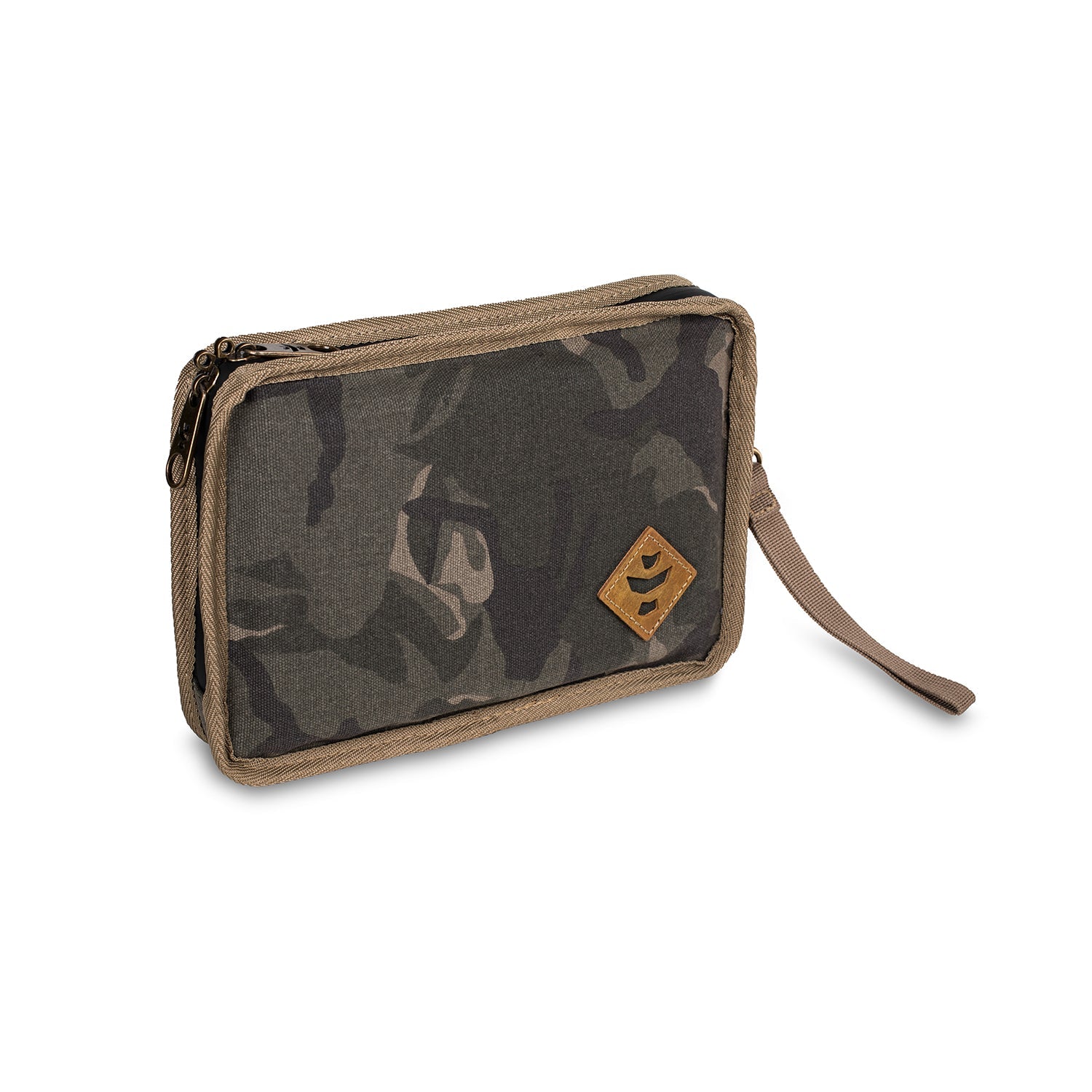 Camouflage travel pouch with a brand logo on a white background