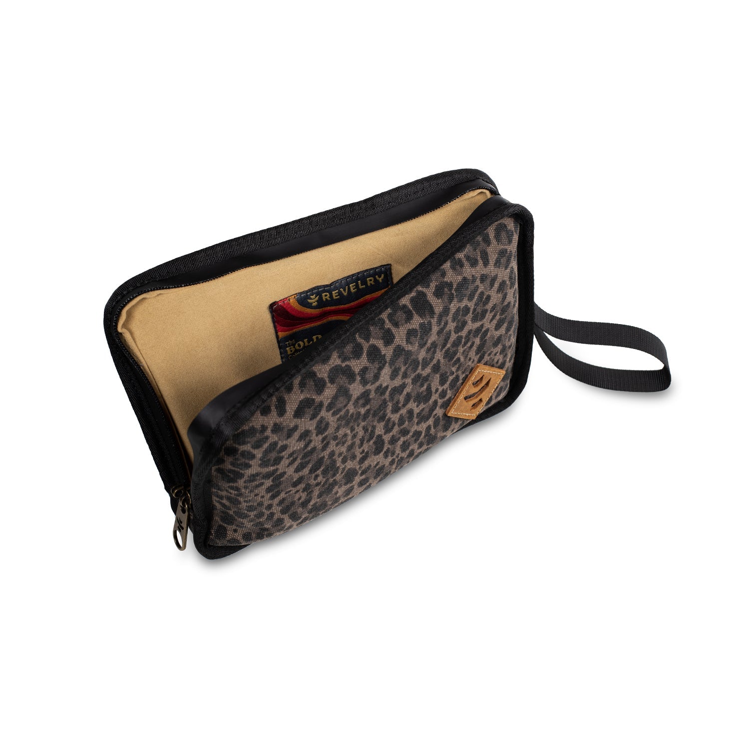 Leopard print clutch bag with beige interior on a white background