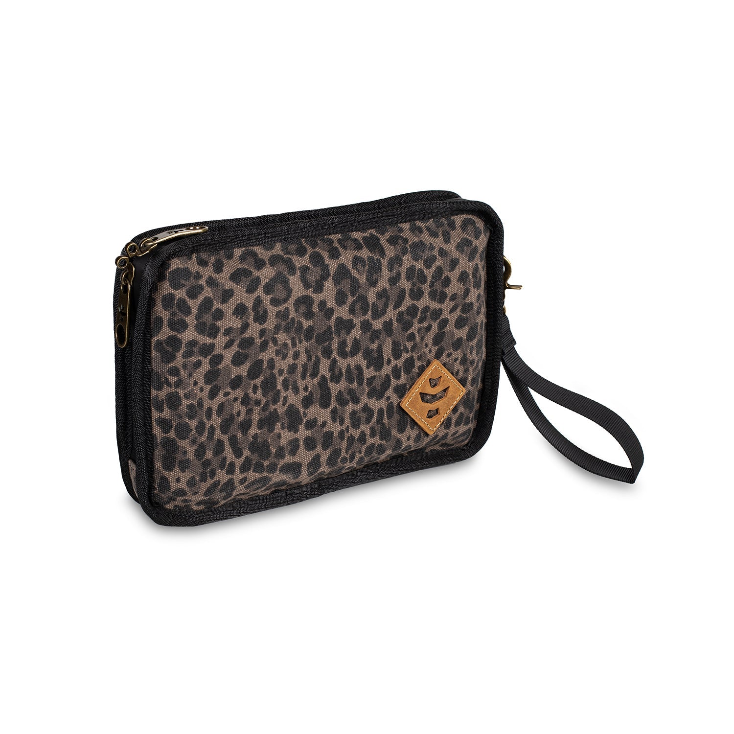 Leopard print wallet with a black strap on a white background