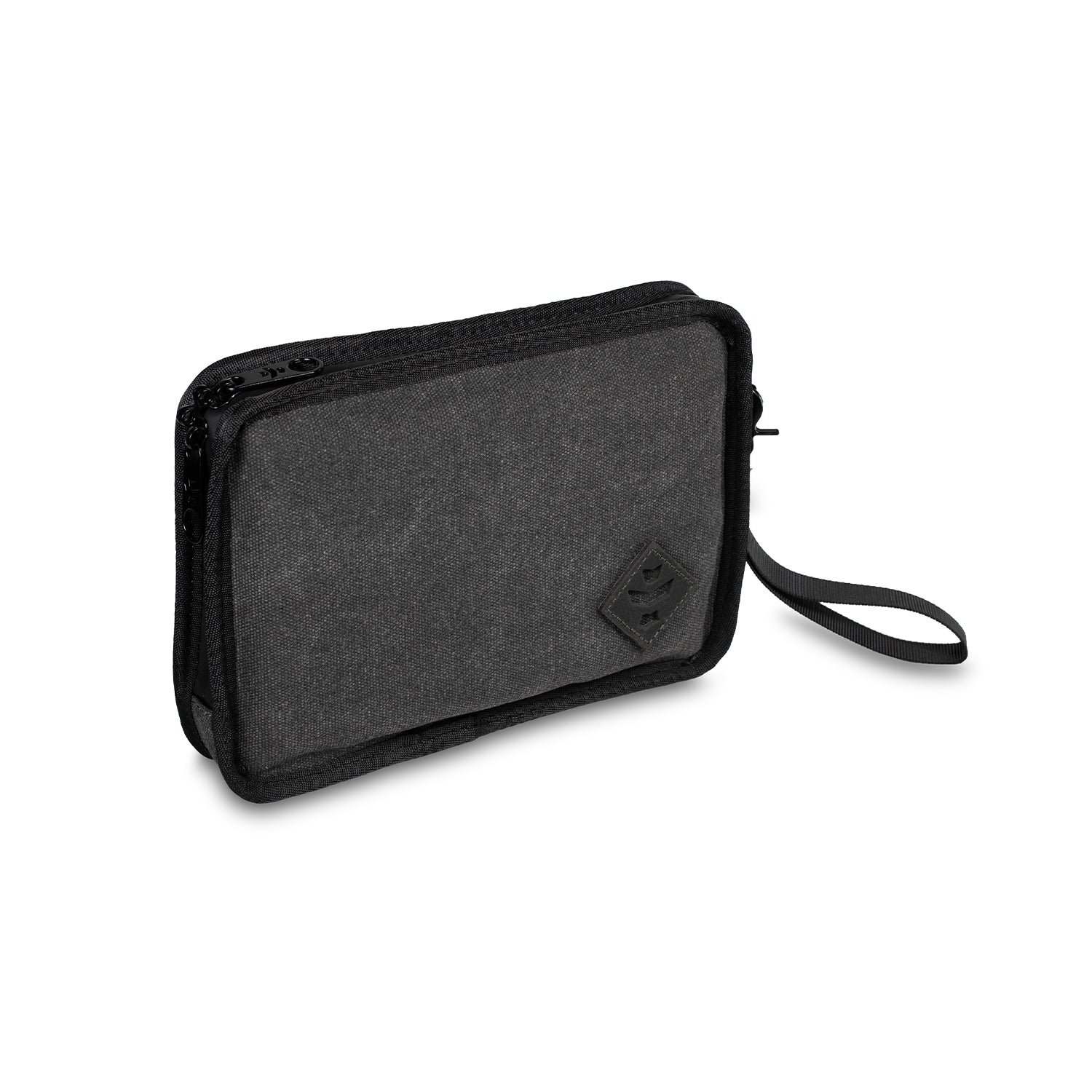 Black and gray travel organizer with a strap on a white background