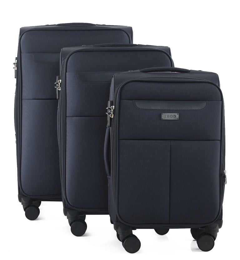 Set of three black suitcases of different sizes on a white background