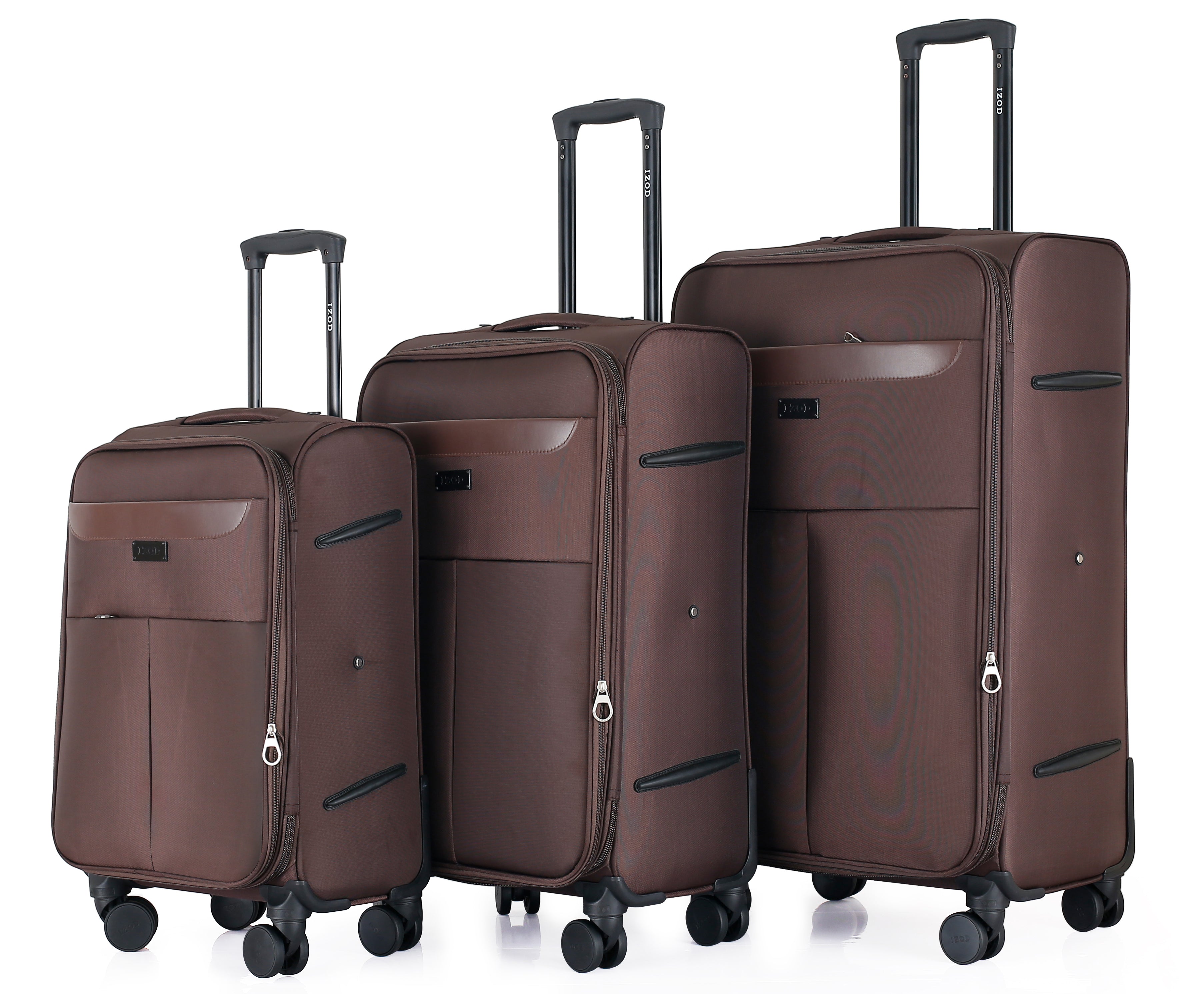 Three brown suitcases of different sizes on a white background
