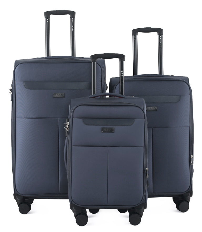 Set of three blue suitcases with wheels on a white background