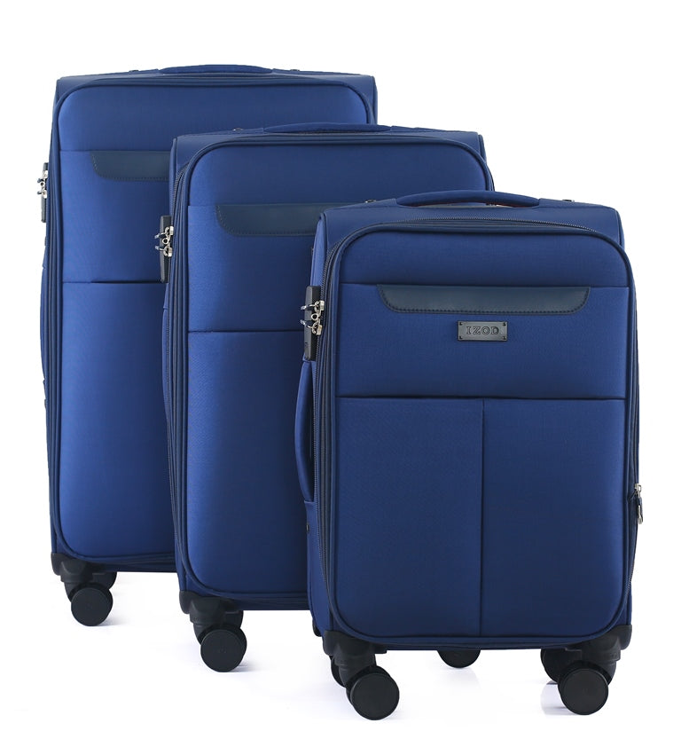 Set of three blue suitcases of different sizes on a white background