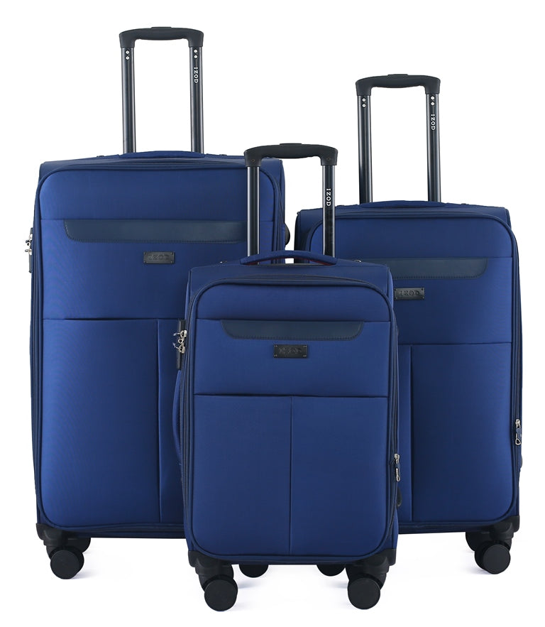 Three blue suitcases of different sizes on a white background