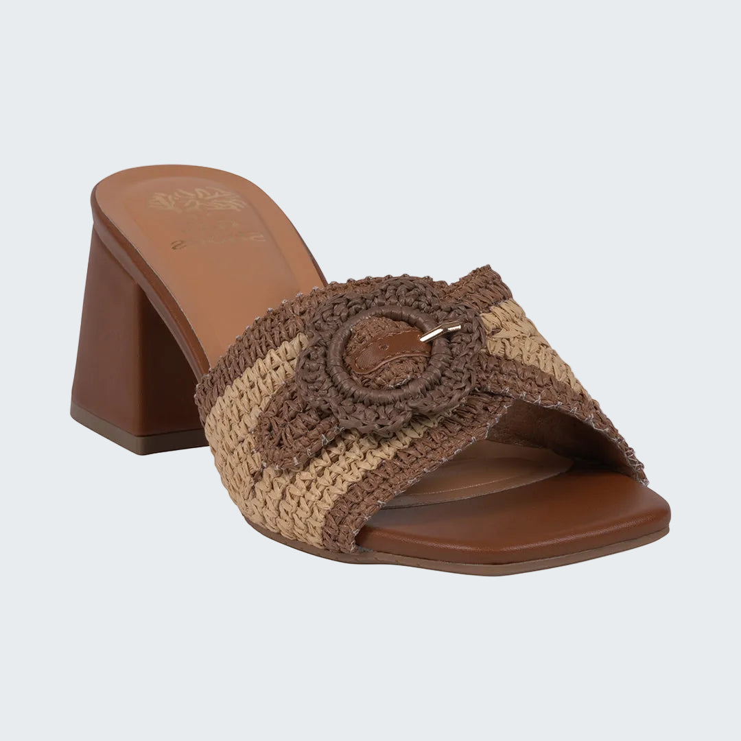 Brown and beige sandal with woven design on a white background