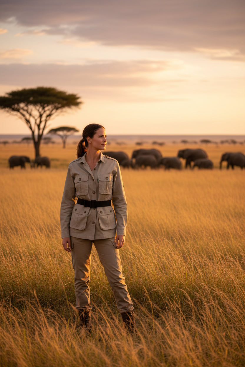 Beige safari jacket with a belt on a white background