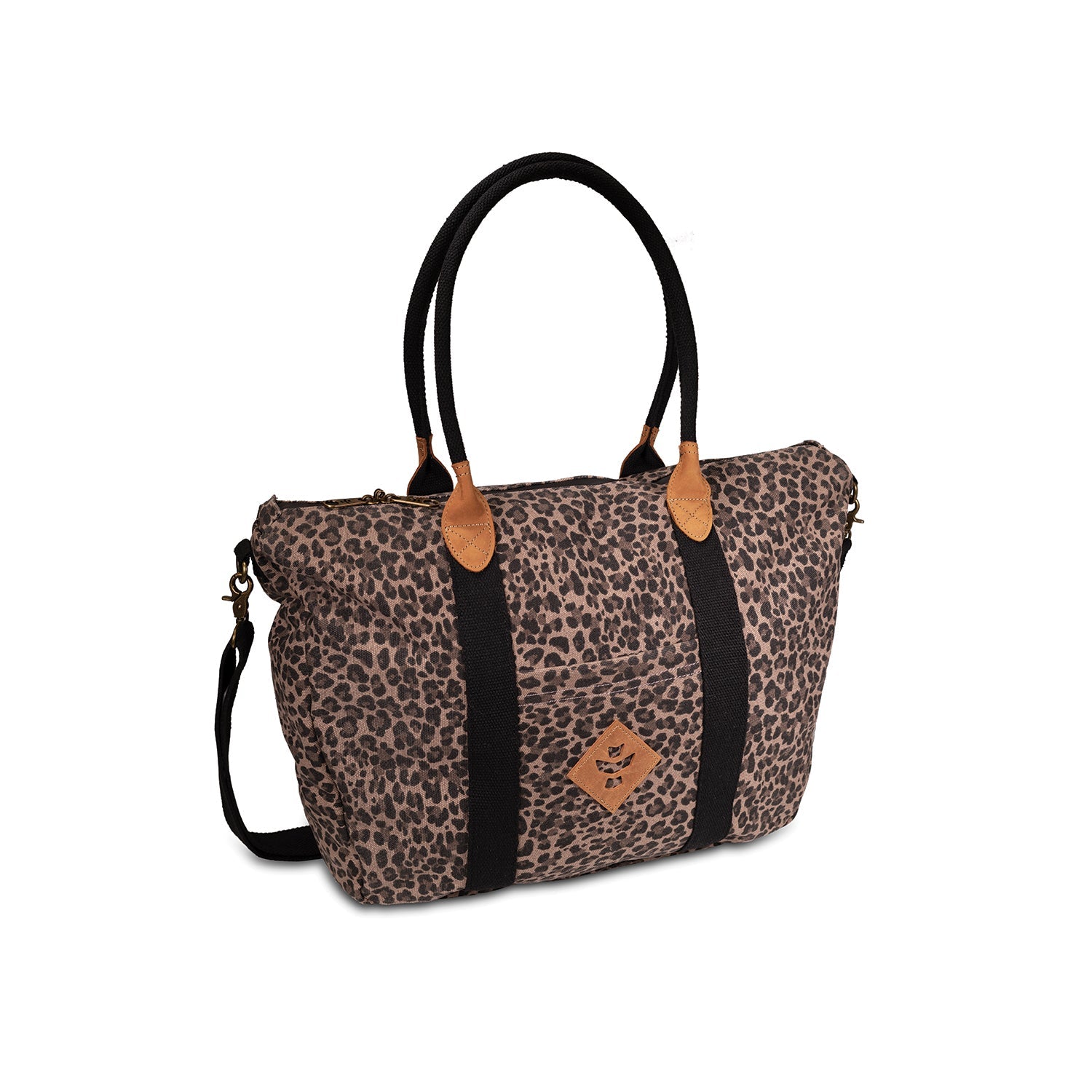 Leopard print handbag with black straps on a white background