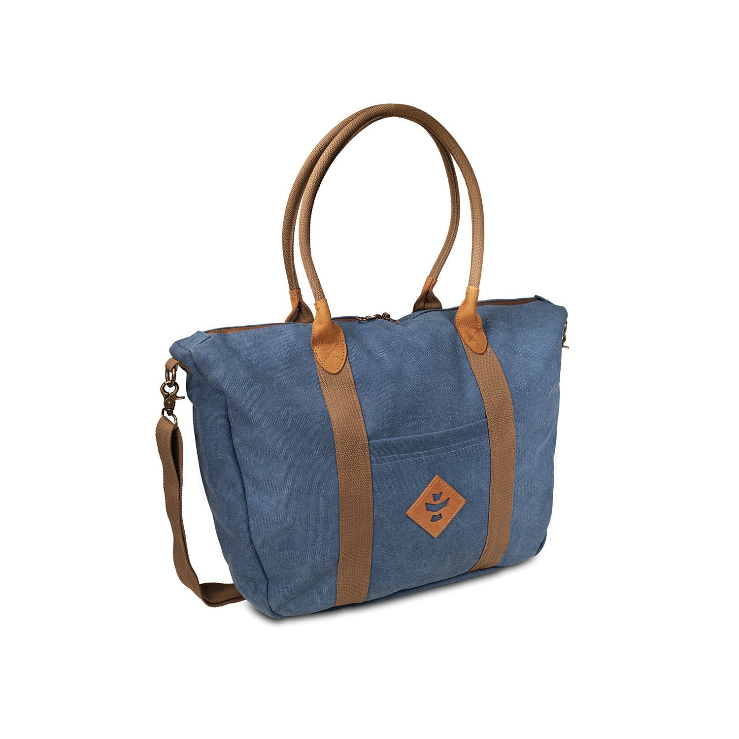 Blue tote bag with brown straps on a white background