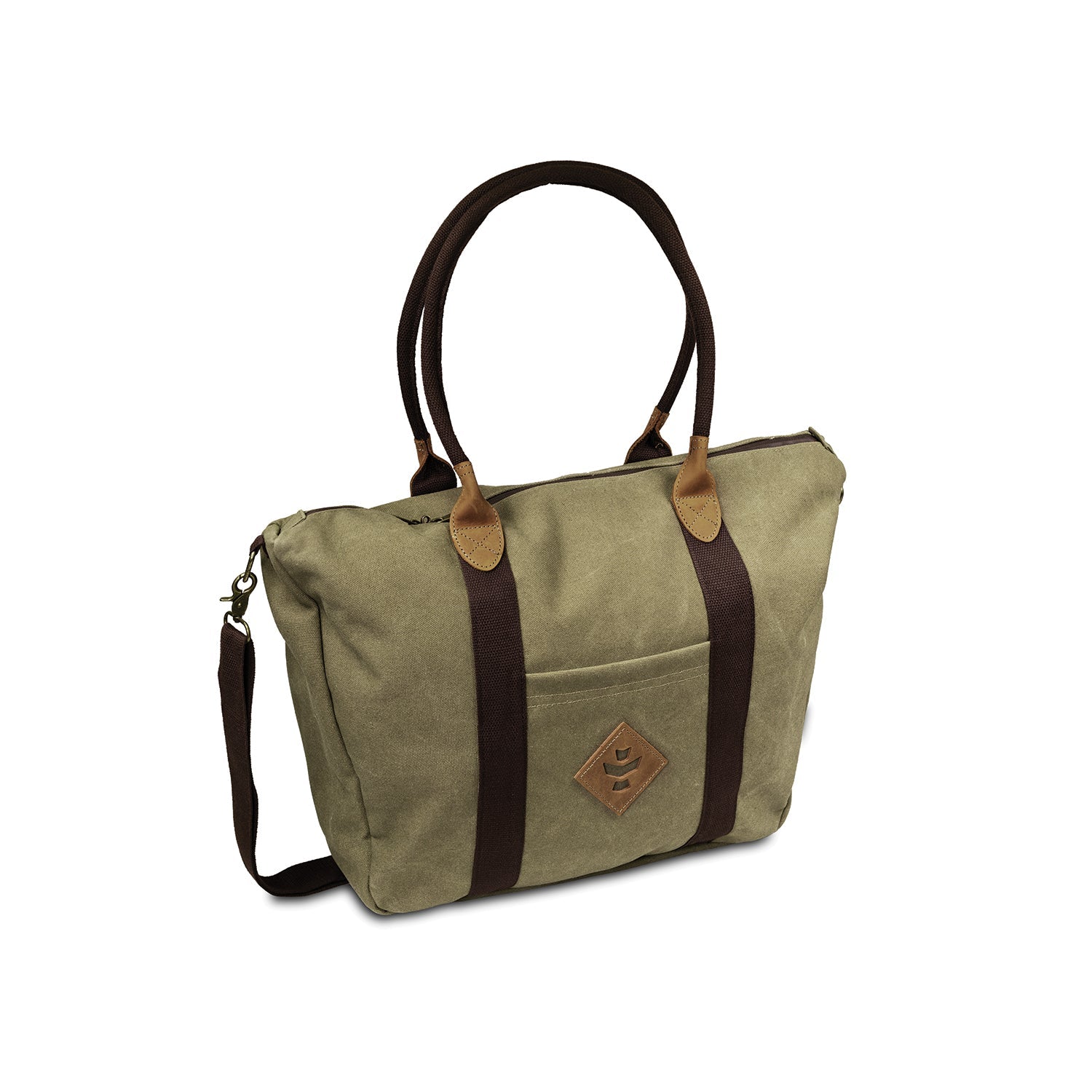 Beige tote bag with brown straps on a white background