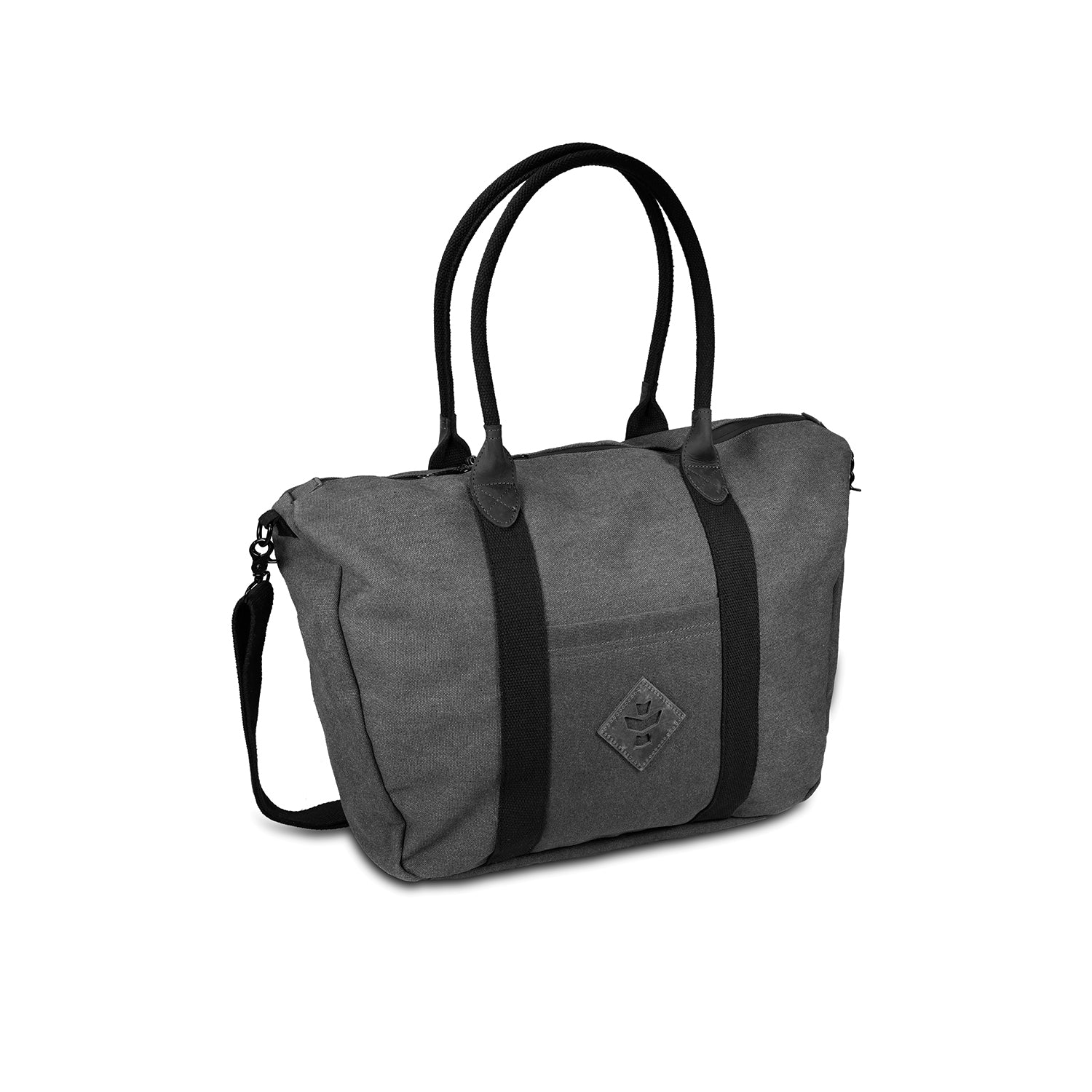 Gray tote bag with black straps on a white background
