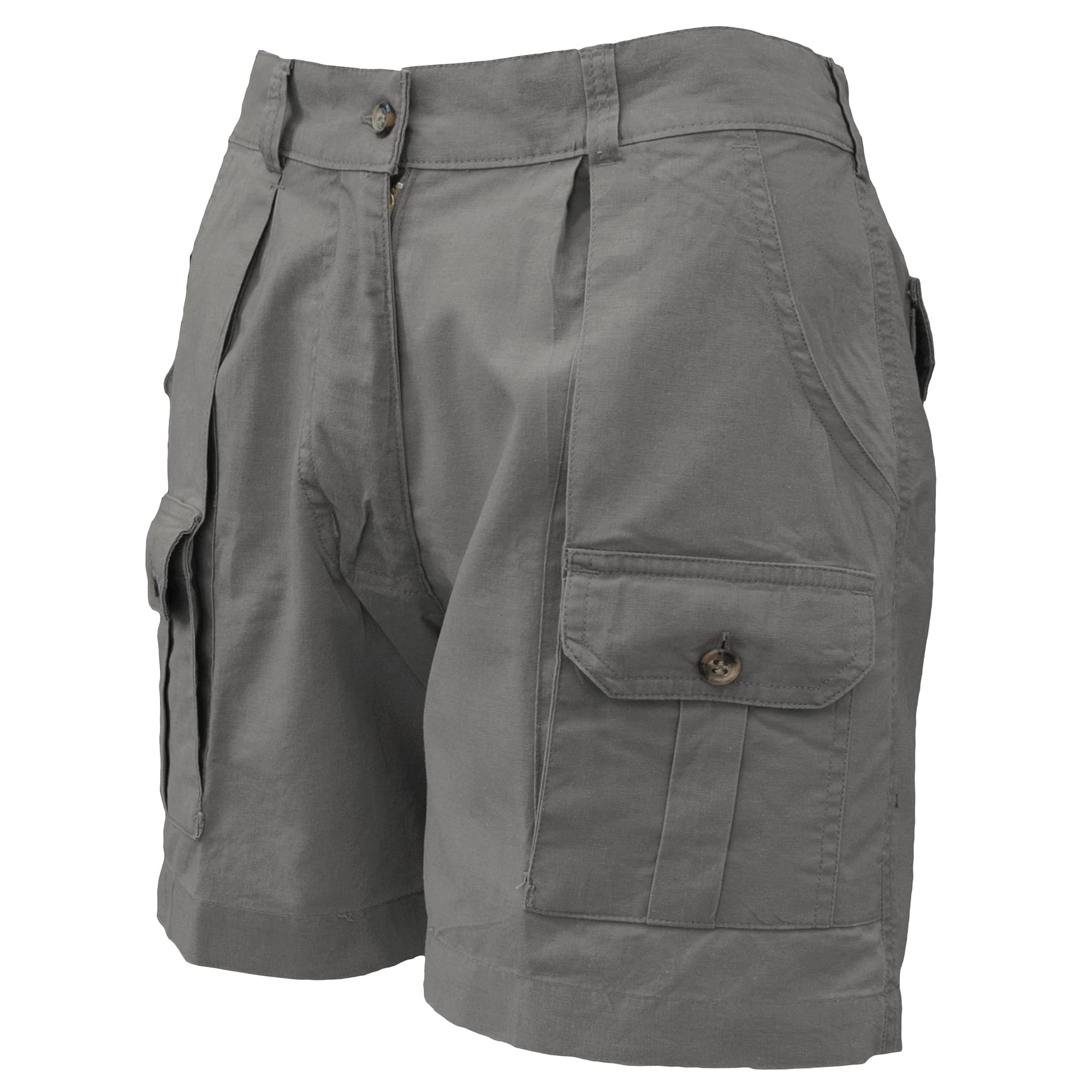 Gray shorts with multiple pockets on a white background