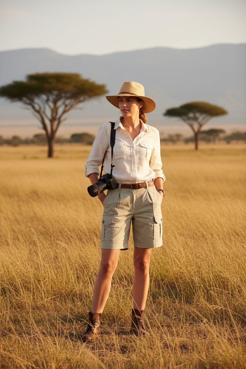 Beige shorts with multiple pockets on a white background