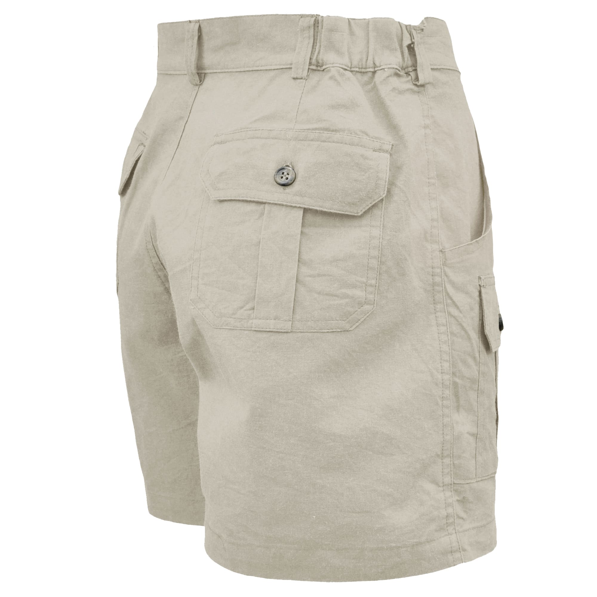 Beige shorts with multiple pockets on a white background