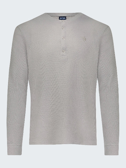 Light gray long-sleeve henley shirt on a white background