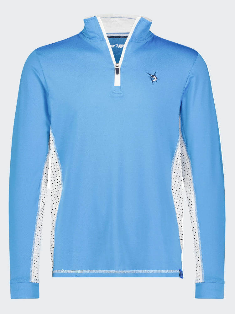 Light blue long-sleeve shirt with white mesh panels on a white background