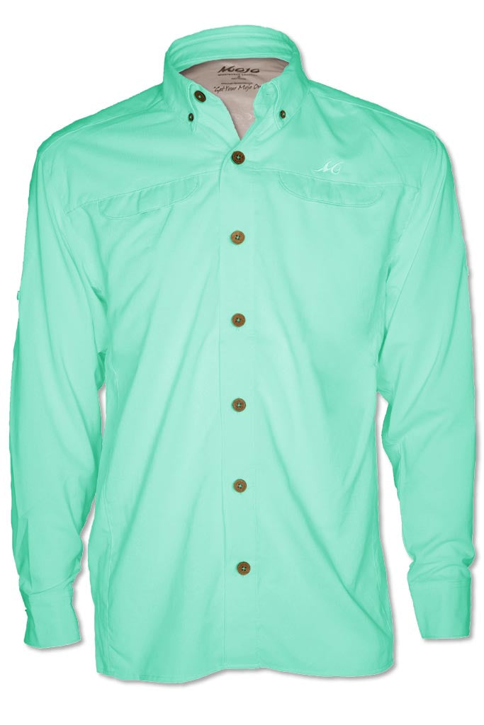 Mint green shirt with brown buttons on a white background