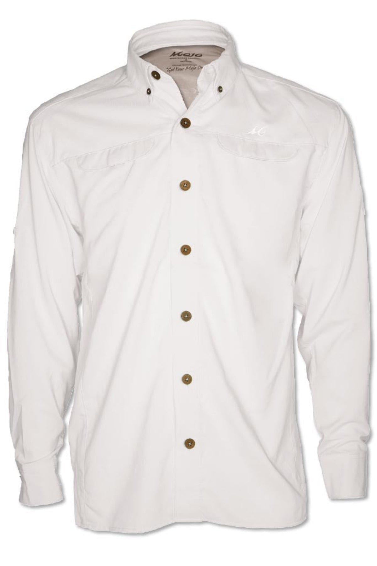 White shirt with brown buttons on a white background