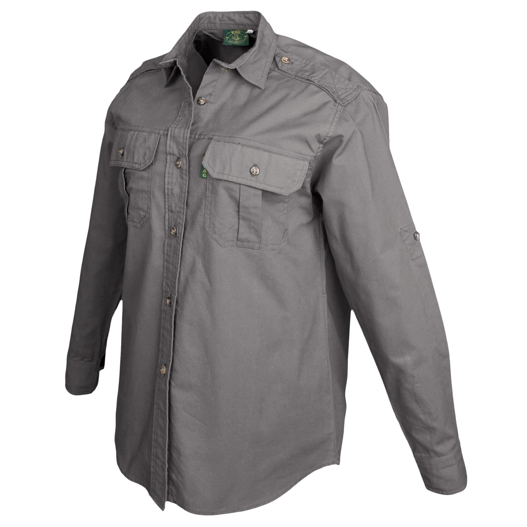 Gray shirt with button details on a white background