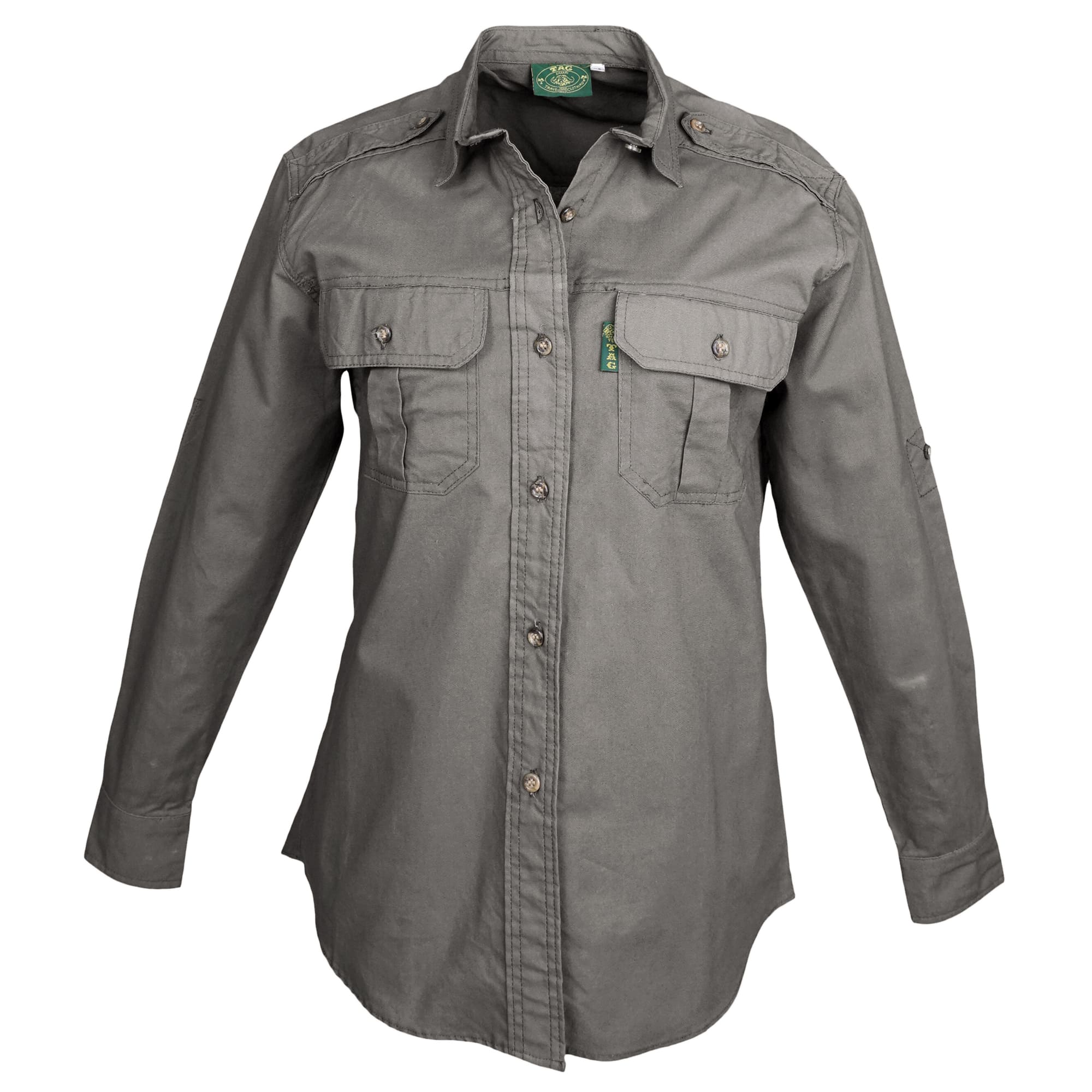 Gray shirt with button details on a white background