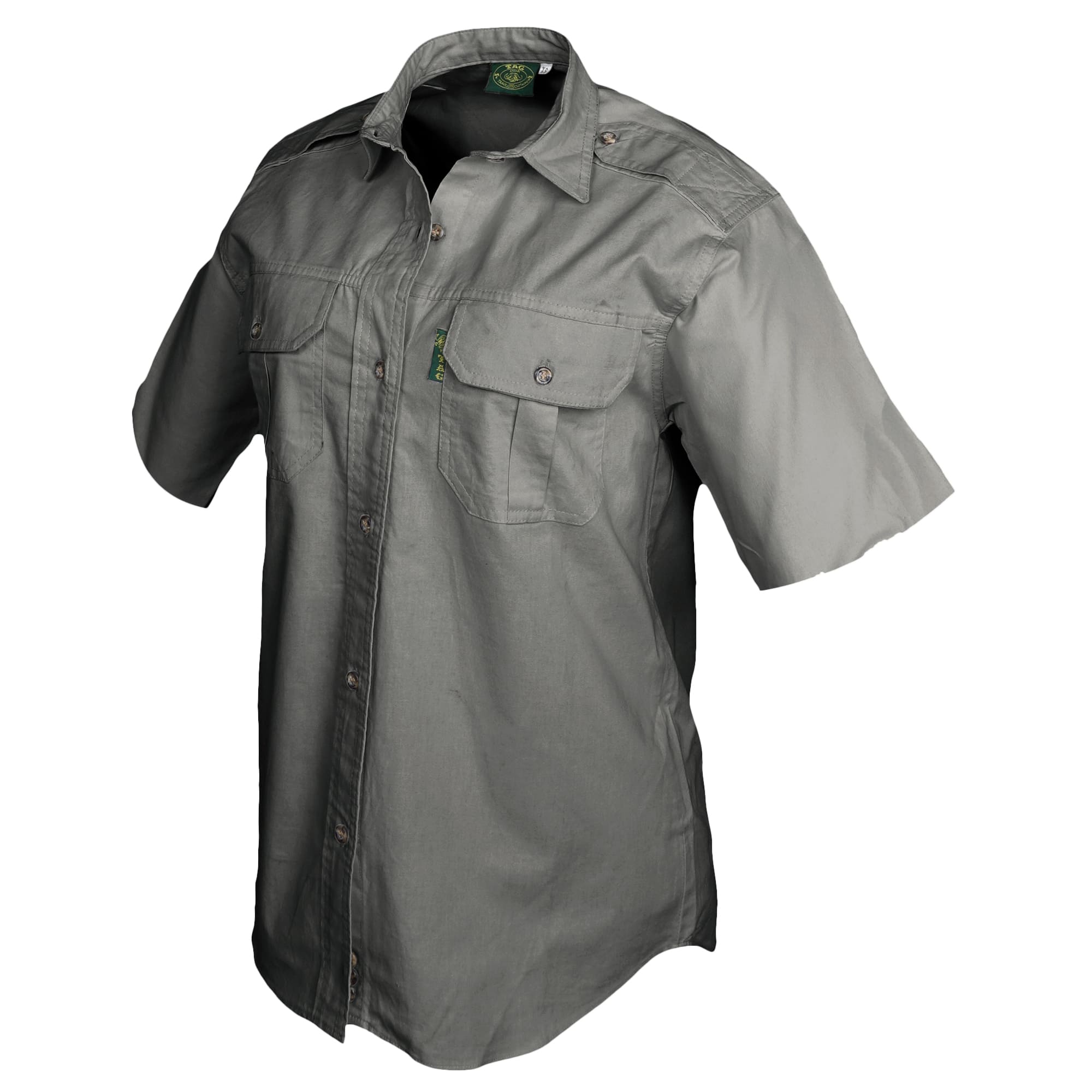 Gray short-sleeve shirt with button details on a white background