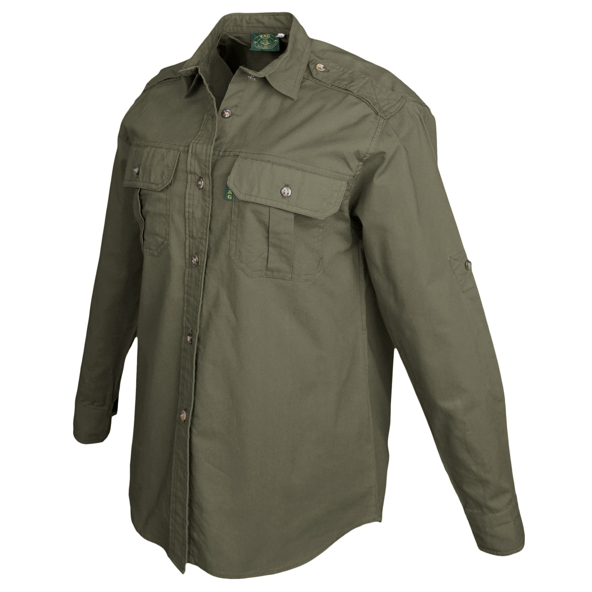 Green shirt with button details on a white background