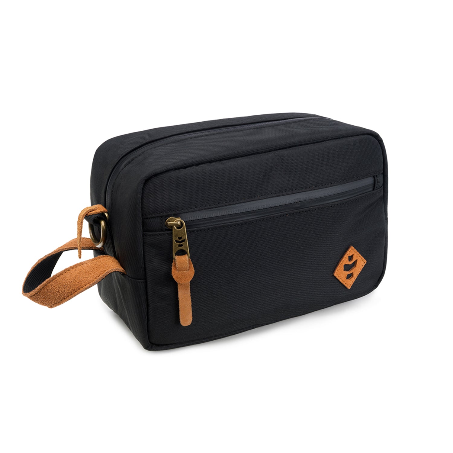 Black toiletry bag with brown accents on a white background