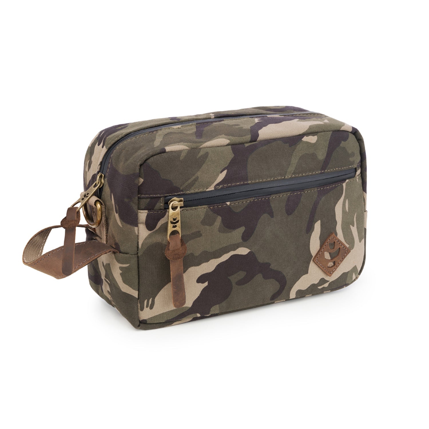 Camouflage toiletry bag with brown strap on a white background