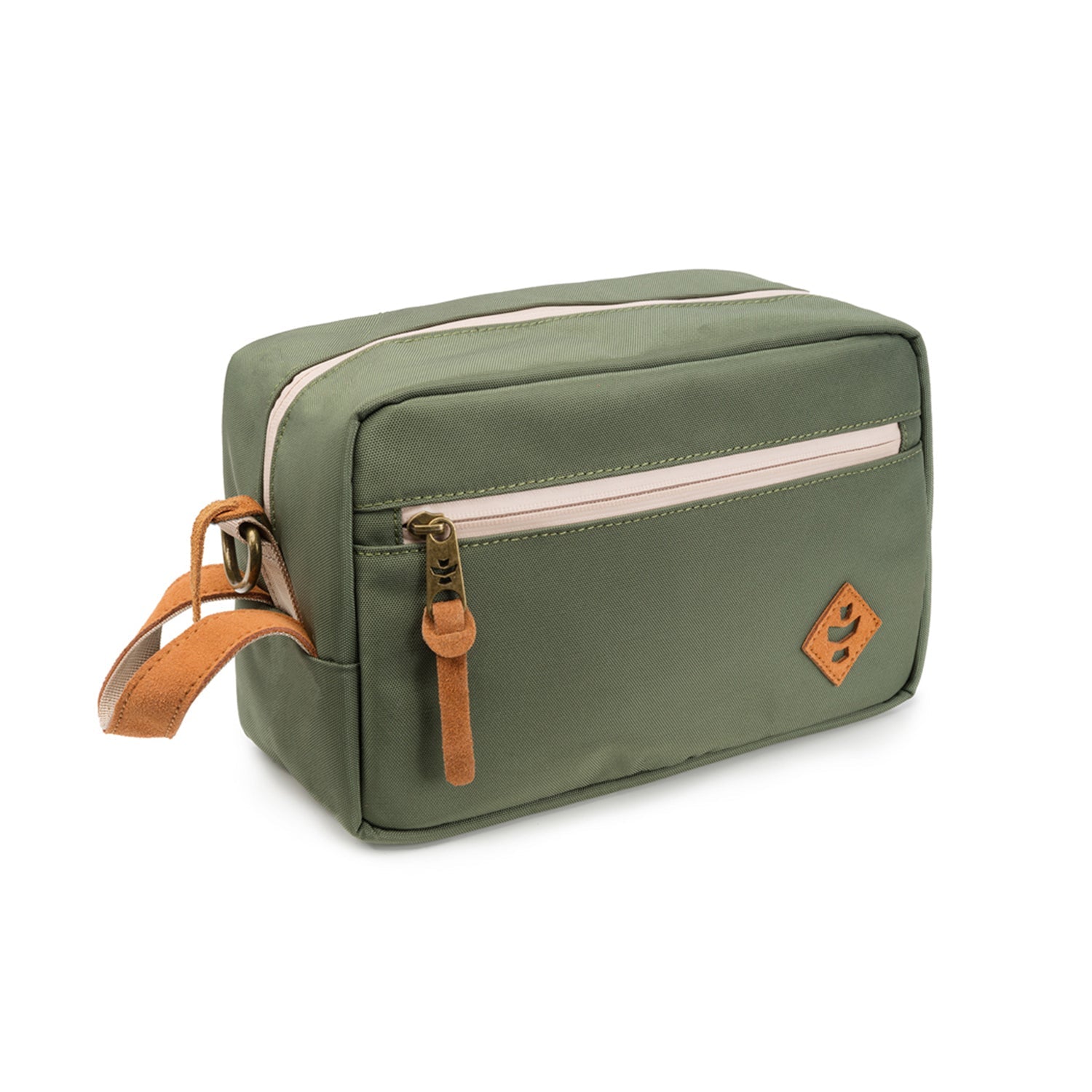 Green toiletry bag with brown strap and zipper on a white background