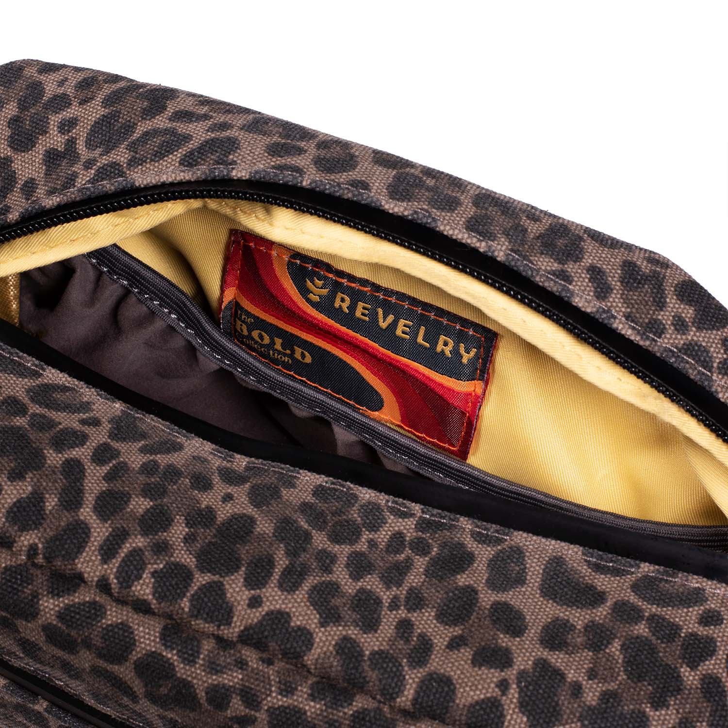 Leopard print bag with a visible brand label on a white background
