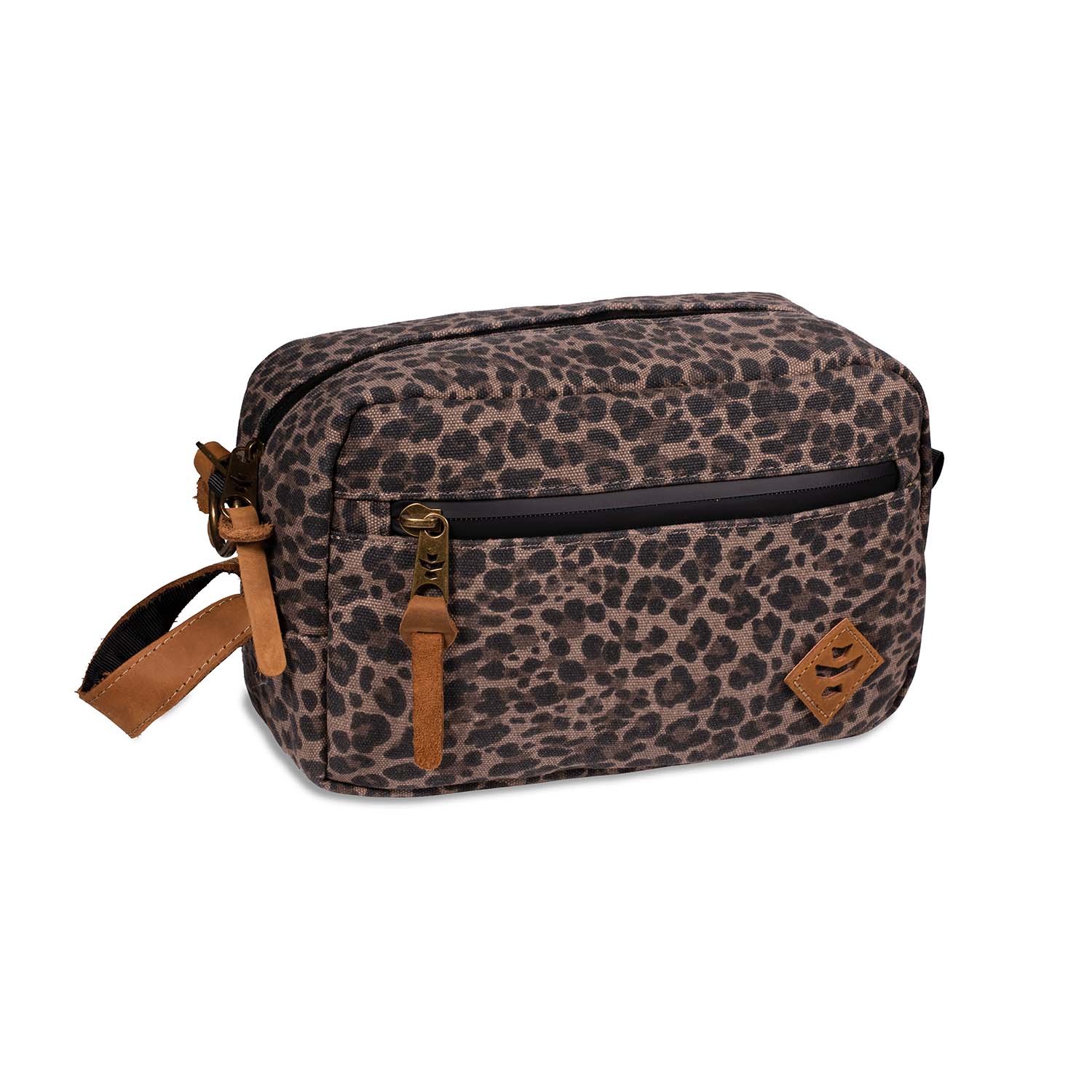 Leopard print toiletry bag with brown accents on a white background