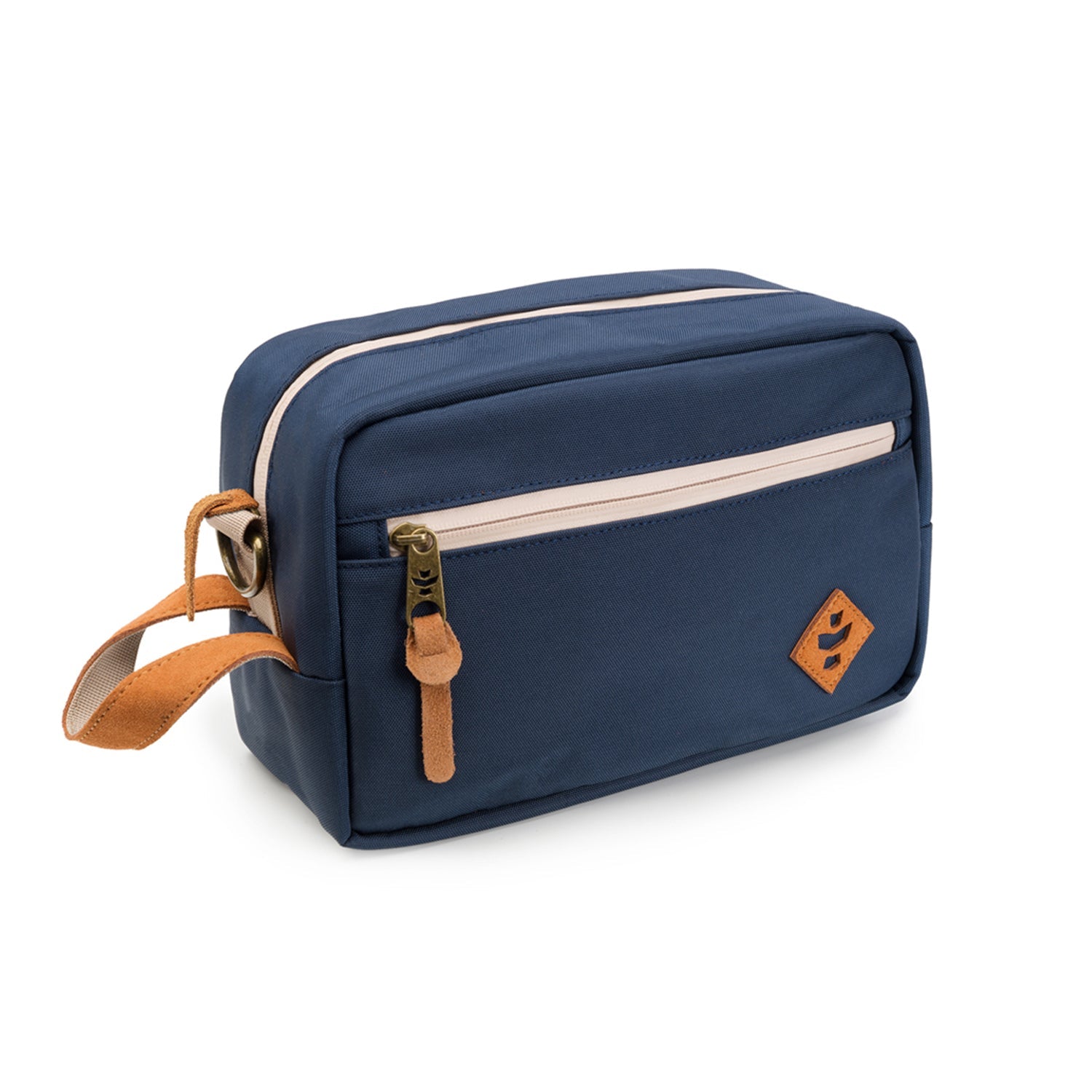 Blue toiletry bag with tan strap and zipper on a white background