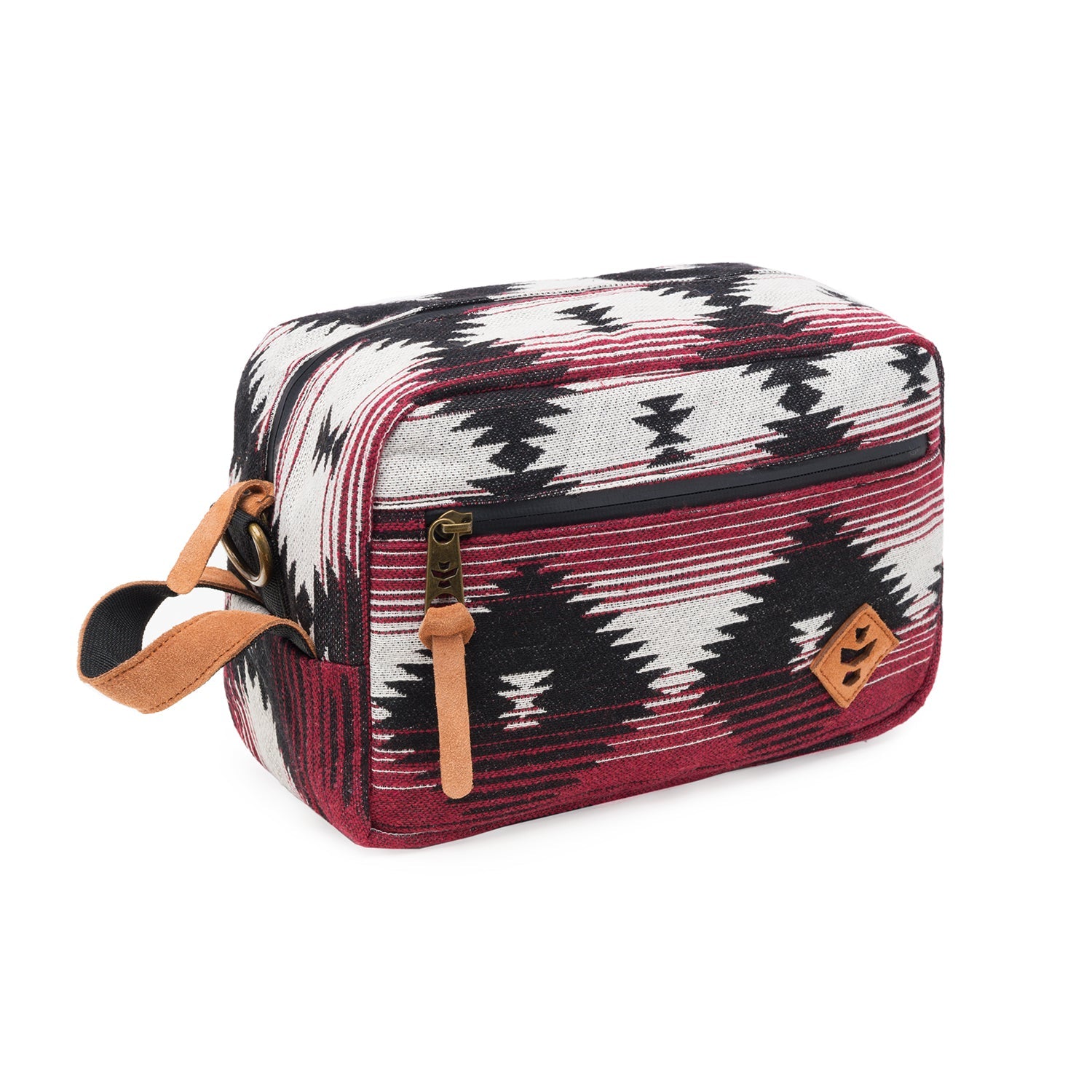 Rectangular pouch with tribal pattern and leather accents on a white background