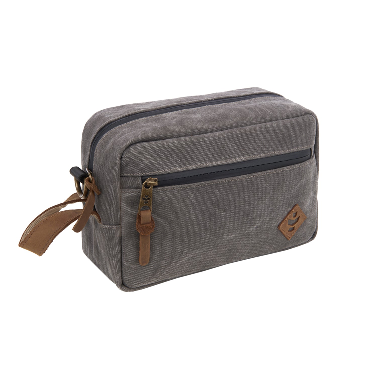 Gray toiletry bag with brown accents on a white background