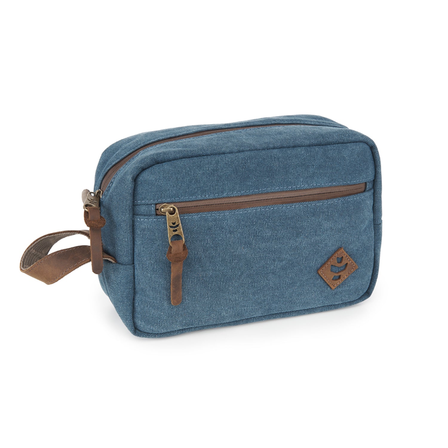 Blue toiletry bag with brown zippers and strap on a white background