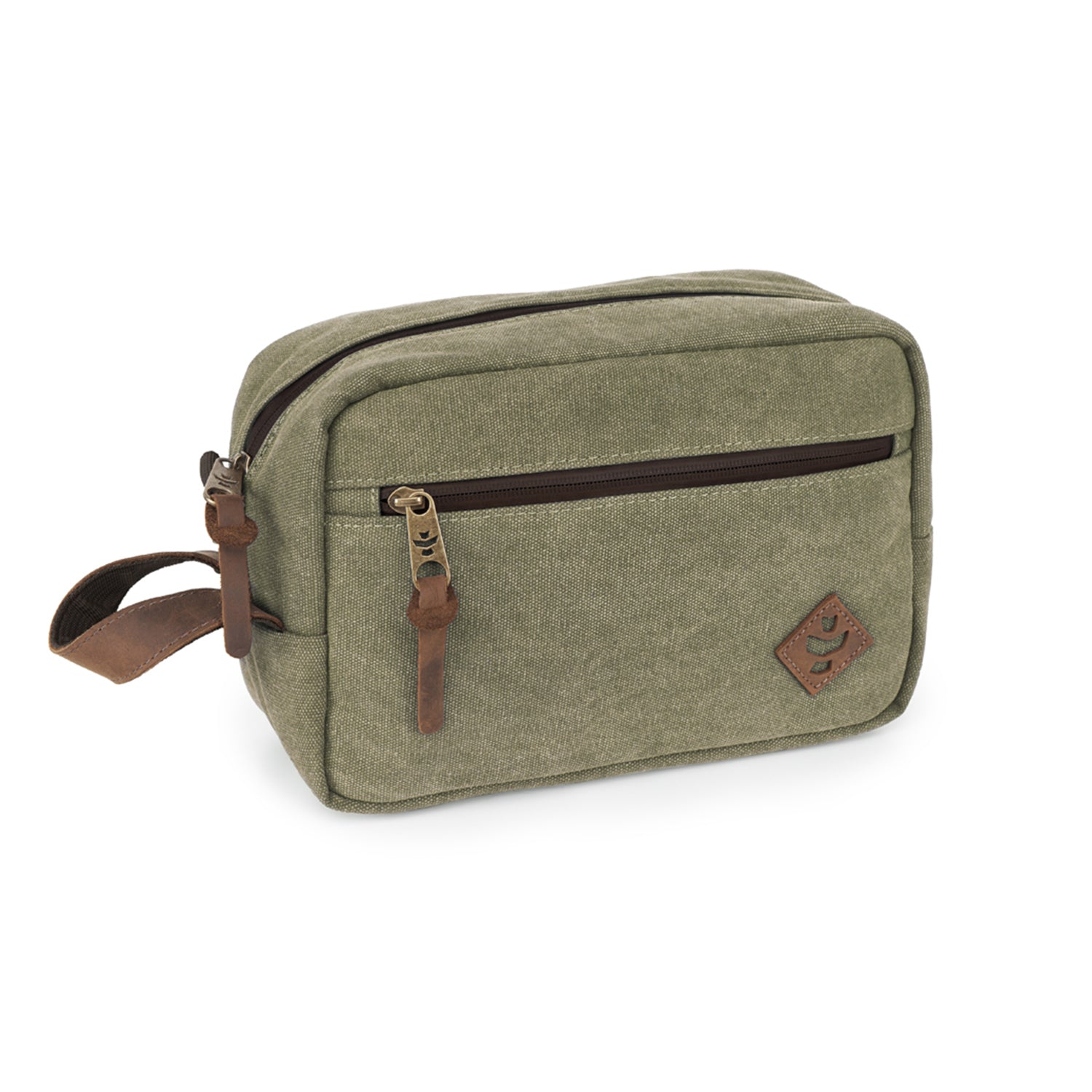 Green toiletry bag with brown zippers and leather straps on a white background