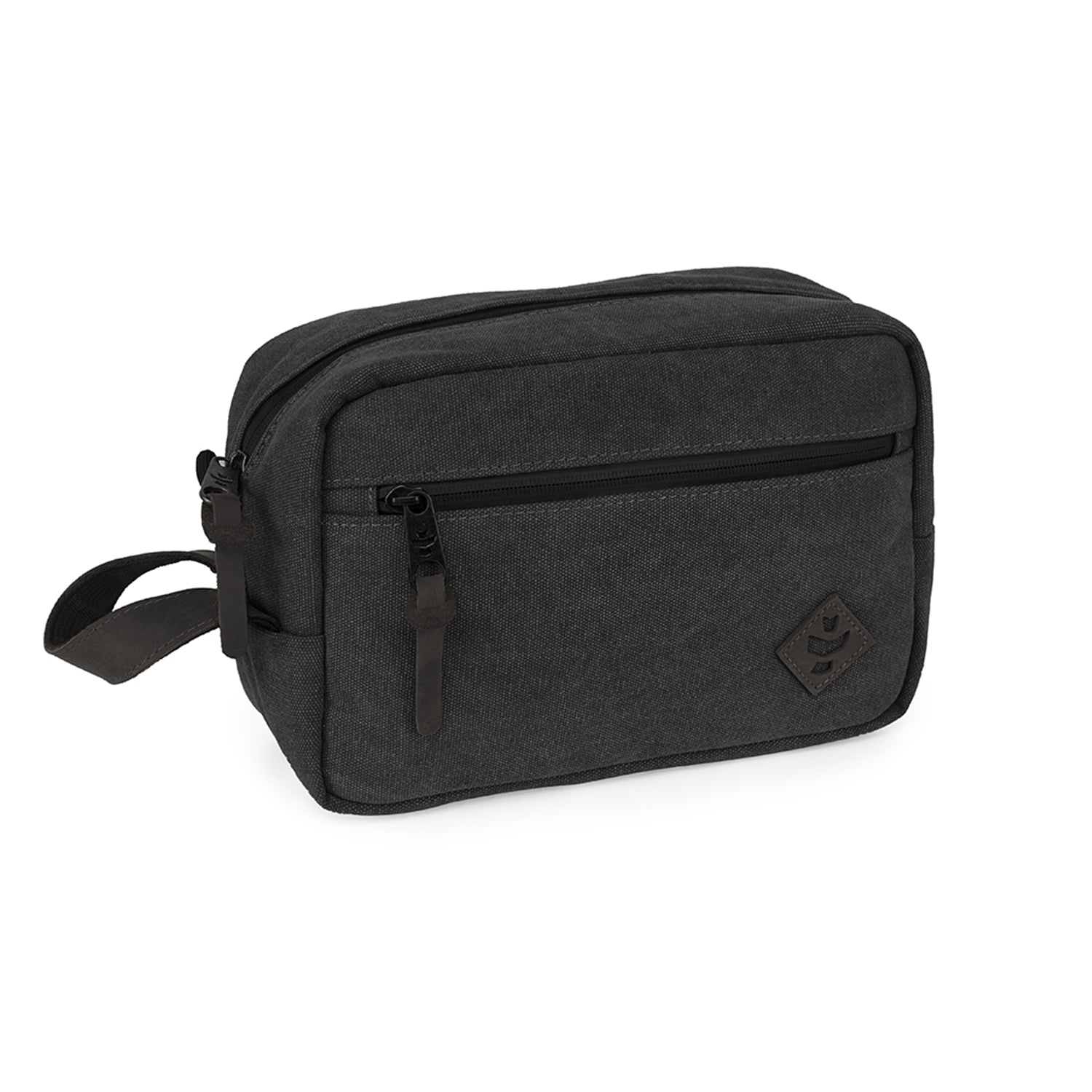 Black toiletry bag with a strap on a white background
